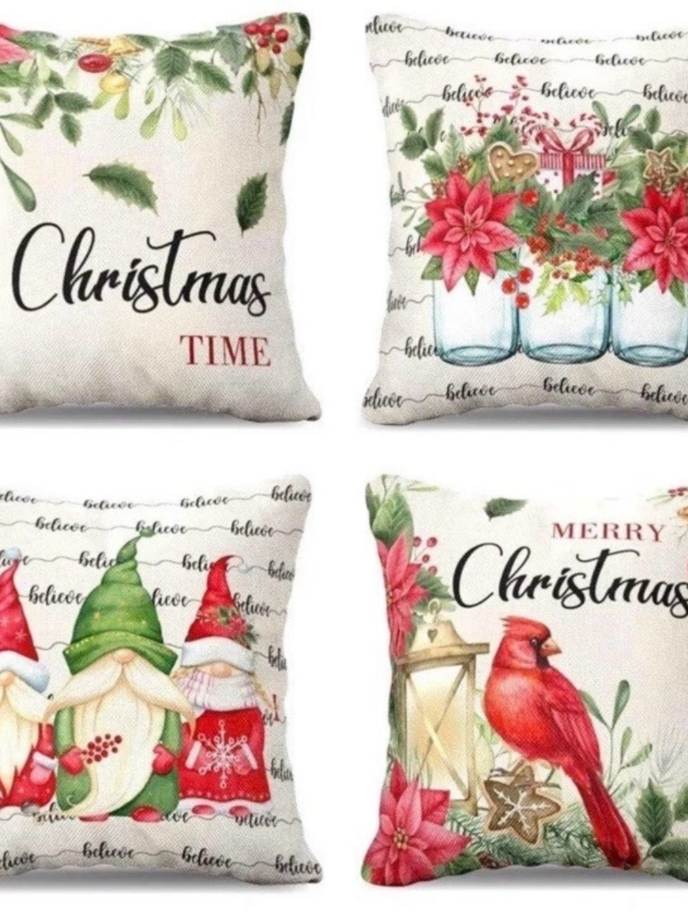 Holiday Cardinal & Poinsettia Decorative Throw Pillow Cover - Red & Cream